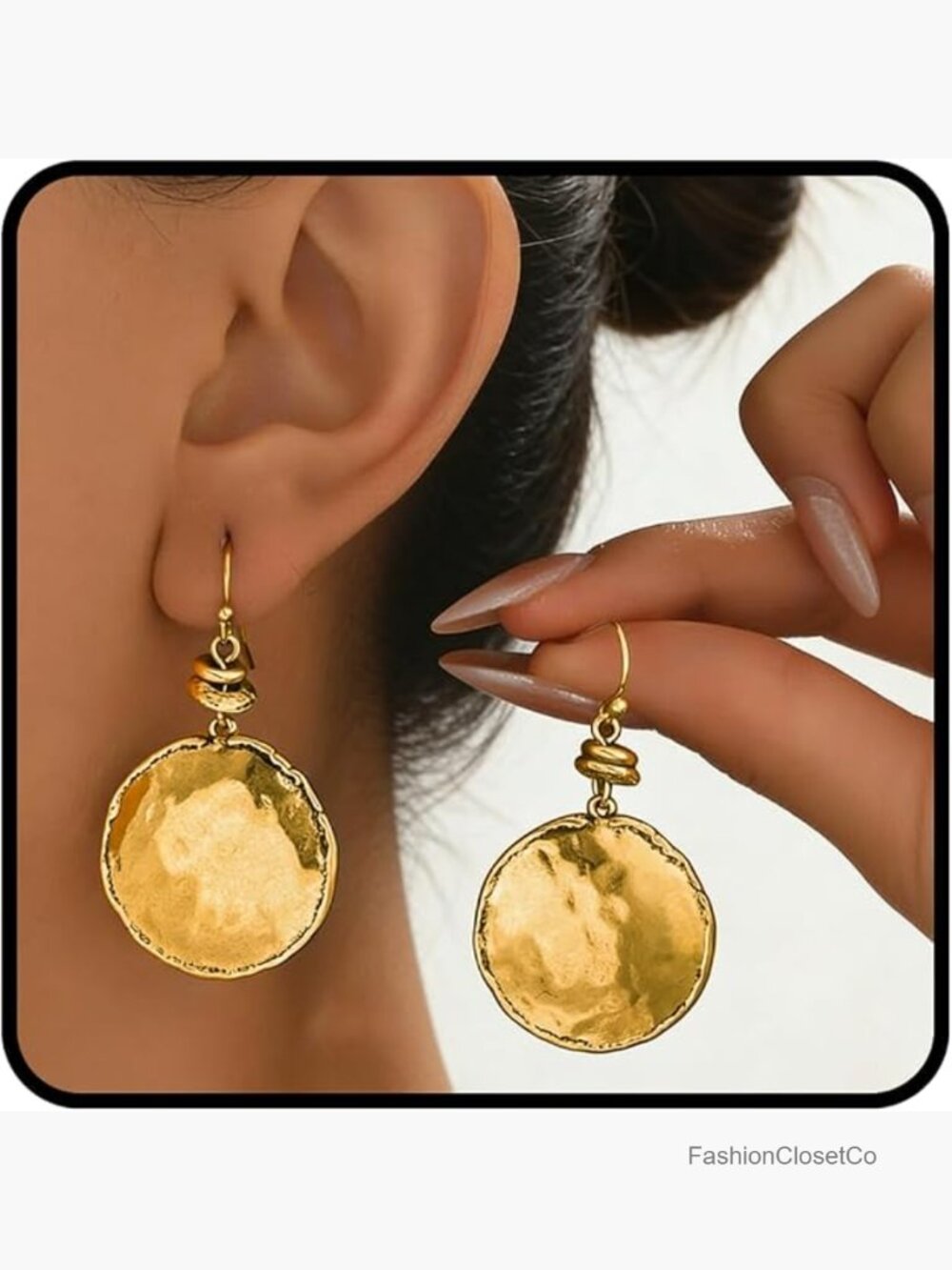 Vintage Hammered Round Disc Dangle Earrings Silver Plated Lightweight
